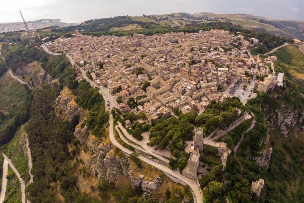 Overview of Erice in Sicily from above, overlooking the whole village on top of the mountain