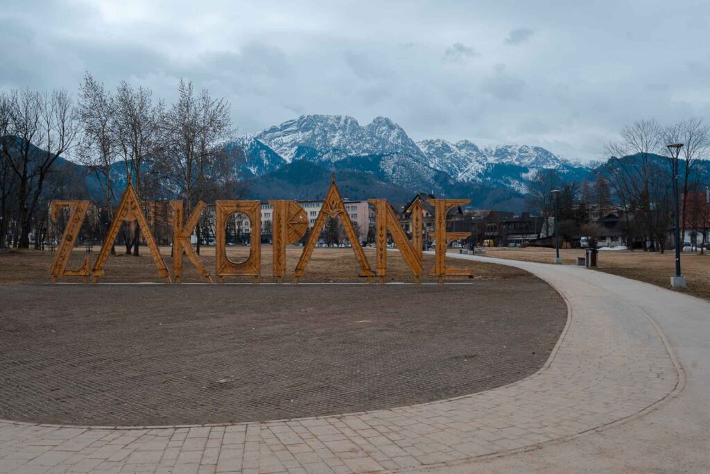Zakopane in Poland with a mountain full of snow in the background