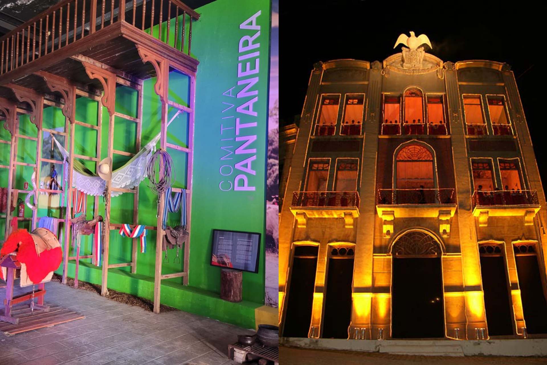 a collage of two pictures, one on the left showing the inside of the Institute of the Pantaneiro Man and one on the right showing the facade of the building at night in Corumba, Brazil