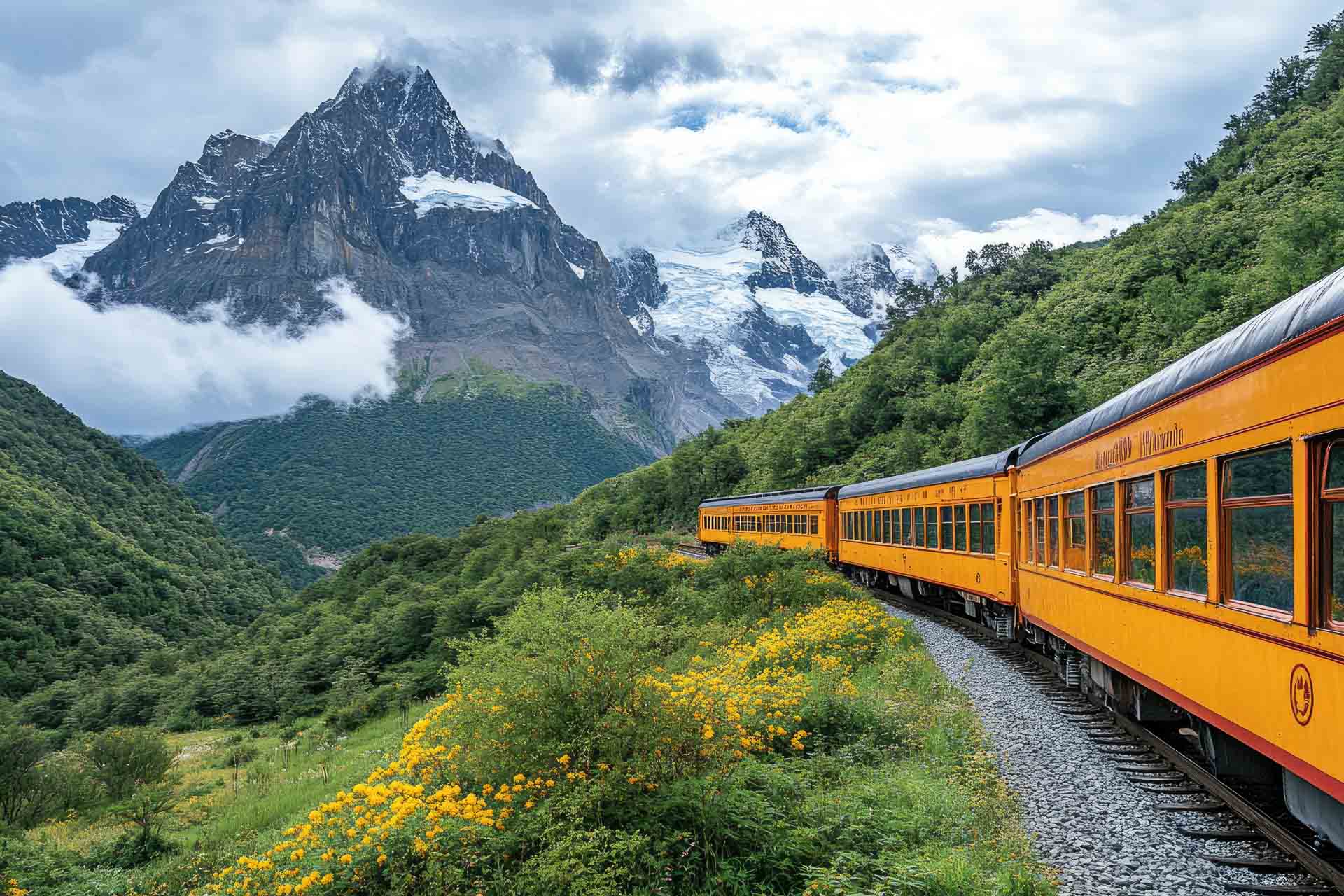 Orange train passing through a valley with yellow flowers and snow-capped mountains in the background